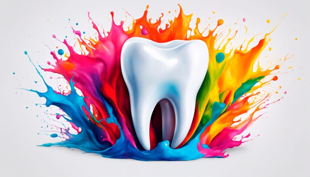 Rendering of a large tooth splashing in a rainbow of colorful paint